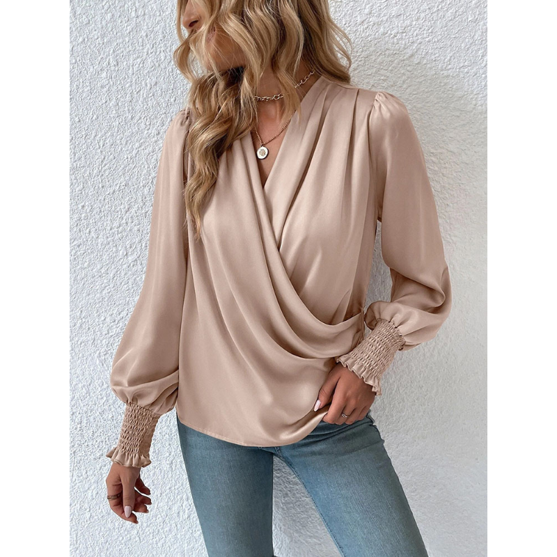 V-Neck Pleated Lantern Sleeve Blouse - Lucy