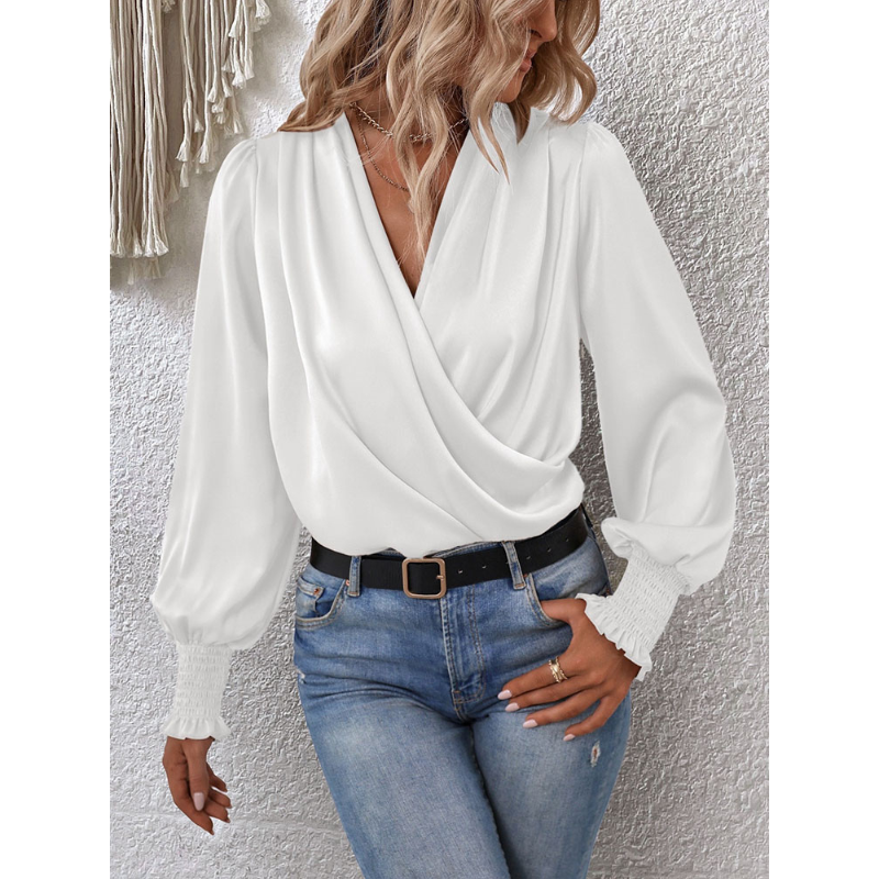 V-Neck Pleated Lantern Sleeve Blouse - Lucy