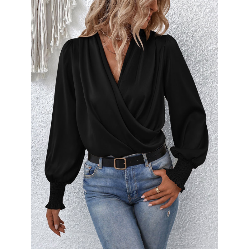 V-Neck Pleated Lantern Sleeve Blouse - Lucy